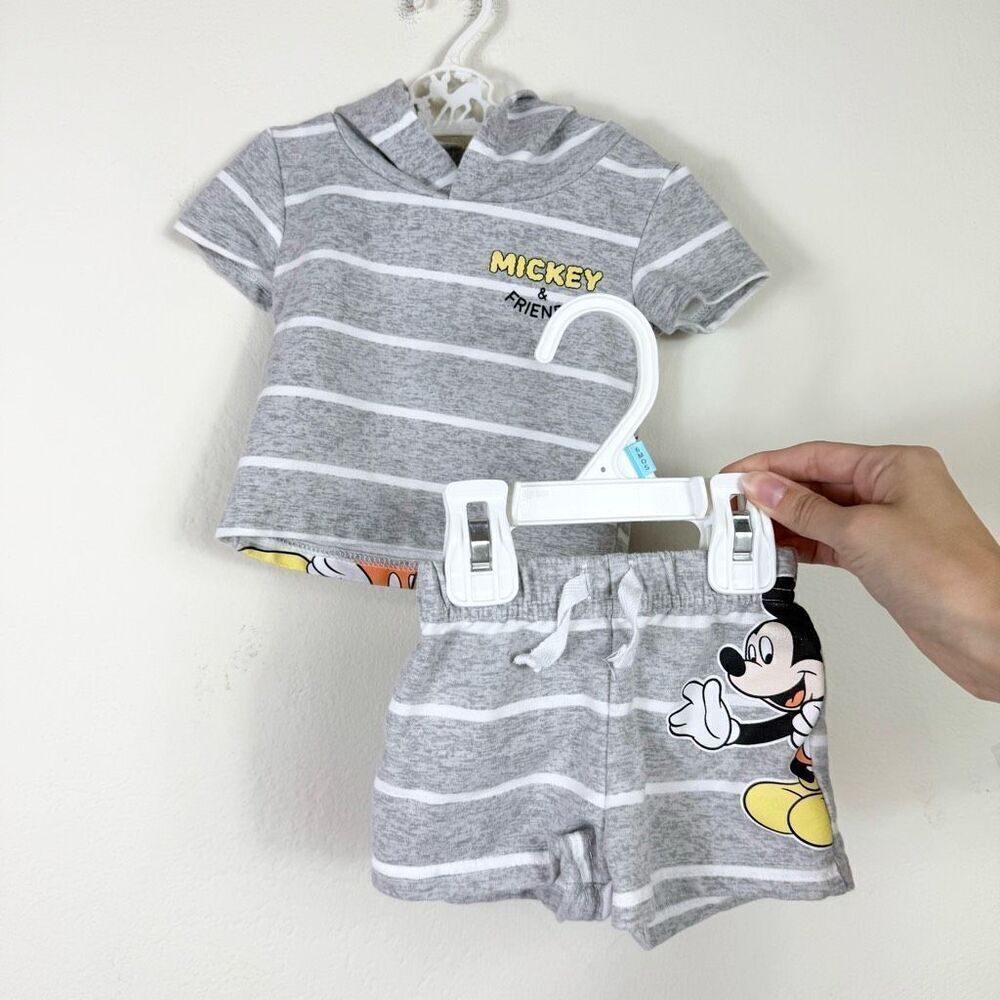 Disney Mickey Mouse and Friends Grey Striped Short Sleeve Sweatshirt Set 0/3M